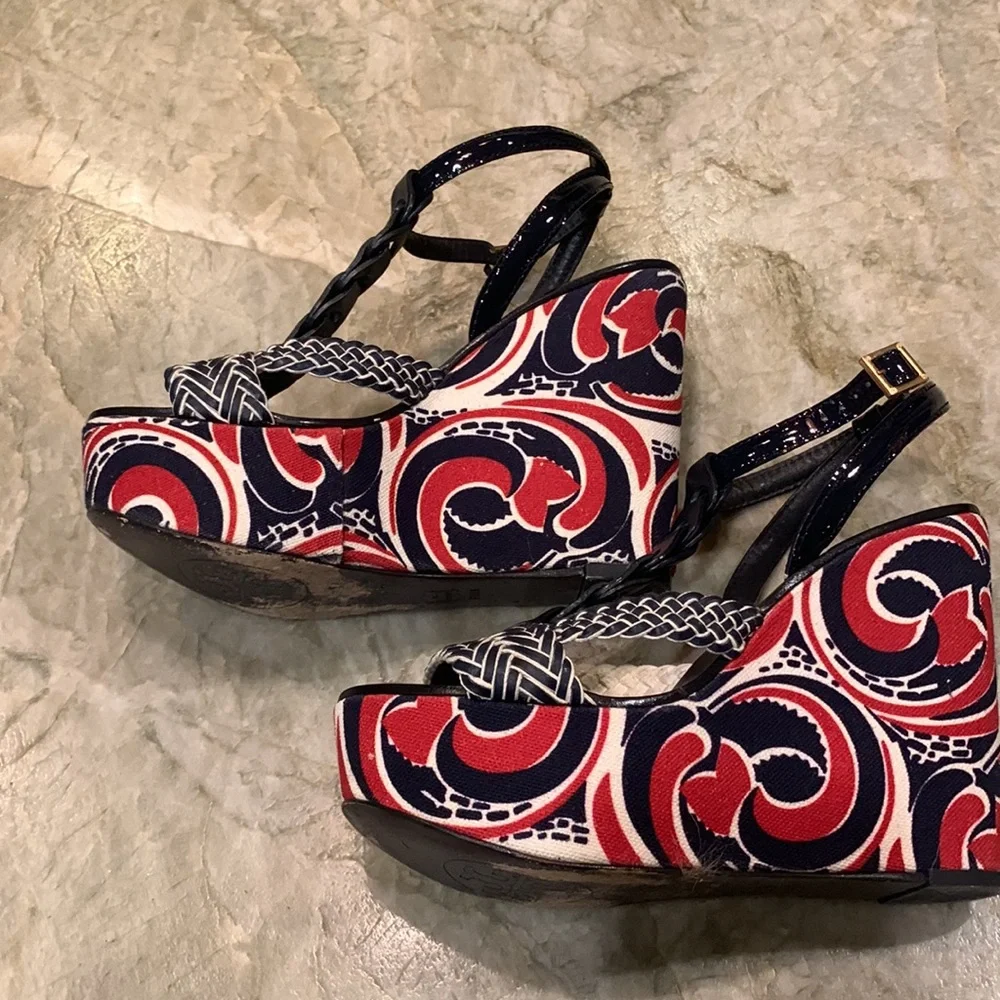 Tory Burch wedge sandals- navy and red design- 7.5